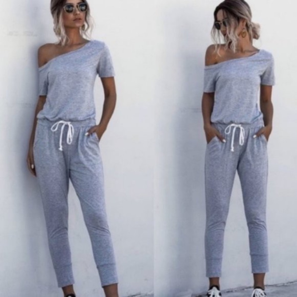 IN STOCK - EMILIE Off Shoulder Grey Jumpsuit - Picture 3 of 3